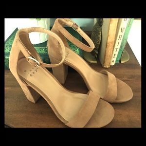 Nude faux suede block heels